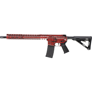 Red and black AR-15 style semiautomatic rifle with a collapsible stock and a 30-round magazine