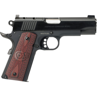 Semi-automatic handgun shown in left-side profile with a black finish and red textured grip on a white background
