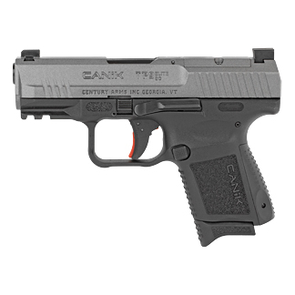 Side view of a black semi-automatic pistol with a textured grip and an orange trigger.