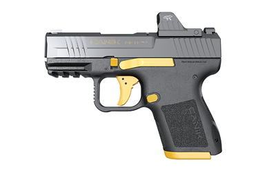 CAHG7620GV-N_1jpg | ATFirearms Semi-automatic pistol shown in side view with gray body, black grip, and yellow accents on trigger and slide