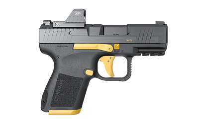 CAHG7620GV-N_2jpg | ATFirearms Canik semi-automatic pistol with a grey slide, black frame, and yellow trigger and grip accents.