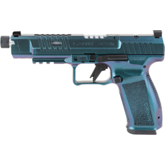 Blue futuristic toy pistol with a black trigger and top rails on a teal body with a textured grip