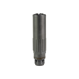 Cylindrical metal electronic component with a ribbed body and a threaded bottom connector, standing upright against a white background
