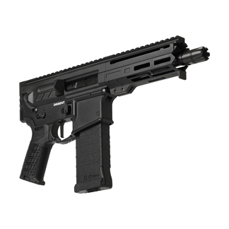 Black modern sporting rifle with a long top rail, pistol grip, and large detachable magazine