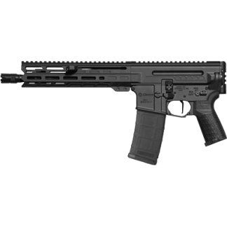 Black semi-automatic rifle with a quad-rail handguard and a detachable box magazine