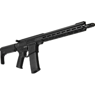 Black AR-style semi-automatic rifle with collapsible stock and long quad-rail foregrip