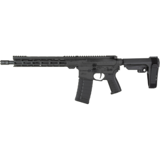 Black tactical rifle with collapsible stock, rail-equipped handguard, pistol grip, and a magazine inserted