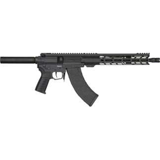 Black AR-style rifle with a long handguard, muzzle device, and curved magazine.