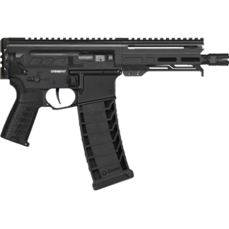 Black tactical rifle with a curved magazine and top Picatinny rail system