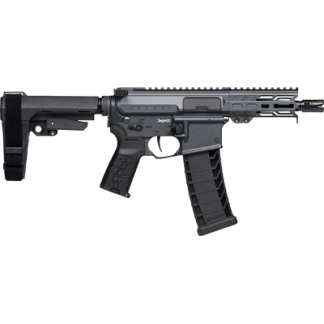 Black AR-style semi-automatic rifle with adjustable stock, rails, and a curved detachable magazine.