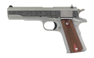 CT1911C-SS-FIL-SCT_1jpg | ATFirearms Engraved silver semi-automatic pistol with a brown textured grip photographed from the side
