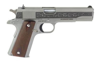 CT1911C-SS-FIL-SCT_2jpg | ATFirearms Side view of a silver engraved semi-automatic pistol with brown wooden grips.