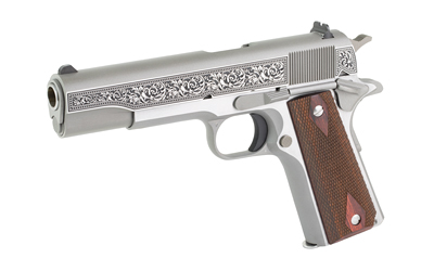 CT1911C-SS-FIL-SCT_3jpg | ATFirearms Decorative silver pistol with intricate floral engravings and a brown wooden grip.