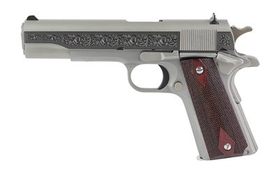 CT1911C-SS38-FIL-SCT_1jpg | ATFirearms Side view of a silver, ornate semi-automatic pistol with a brown textured grip.