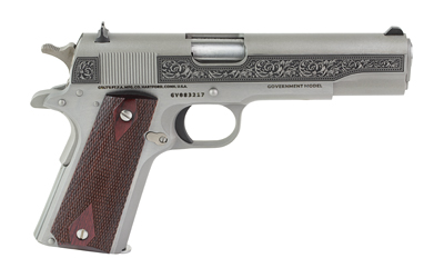 CT1911C-SS38-FIL-SCT_2jpg | ATFirearms Side view of a silver engraved Government Model 1911 pistol with brown checkered grip.