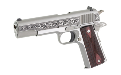 CT1911C-SS38-FIL-SCT_3jpg | ATFirearms Engraved silver semi-automatic pistol with intricate floral engravings and a brown grip.
