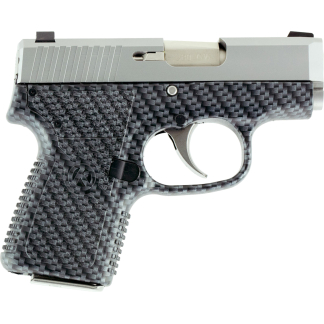 Semi-automatic pistol shown in profile with a silver slide and black carbon-fiber textured grip