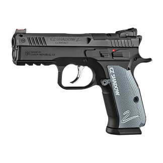 Compact CZ Shadow 2 pistol with black slide and blue textured grip shown from the side.