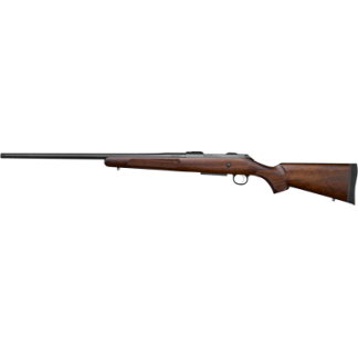 Bolt-action rifle with wooden stock and long black barrel, shown in profile.