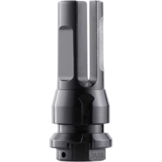 Gray metal drill bit holder/adapter for a power drill with a quick-release base and two-slot chuck at the top.