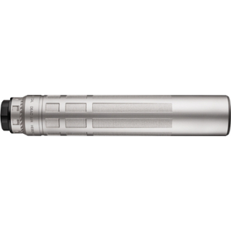 Silver flashlight with a black end cap lying horizontally on a white background.