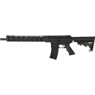 Black semi-automatic rifle with a long ventilated handguard, detachable magazine, and adjustable/collapsible stock.