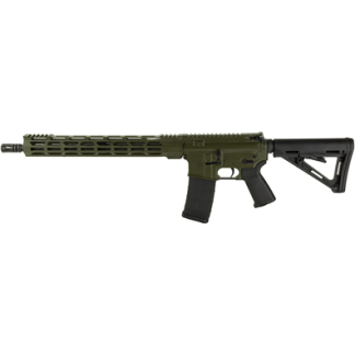 Olive-drab AR-style rifle with a long handguard, detachable magazine, and collapsible stock.