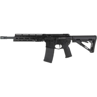 Black AR-style semi-automatic rifle with a collapsible stock, quad-rail handguard, and curved magazine on a white background.