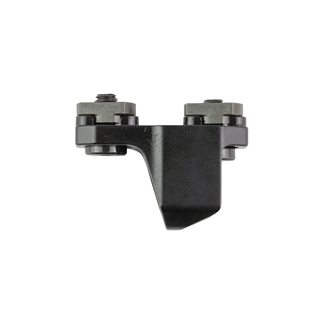 Close-up of a bicycle front derailleur component with a black plastic body and metal clamps/bolts on top.
