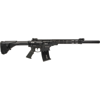 Black modern sporting rifle with adjustable stock, pistol grip, and magazine inserted, shown from the left side.