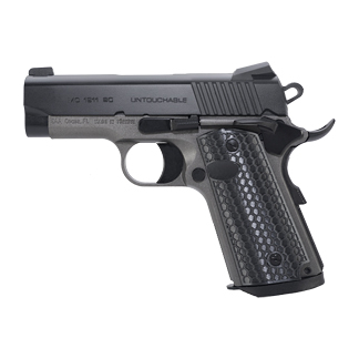 Black semi-automatic pistol shown in profile with a textured grip, external hammer, and safety features.