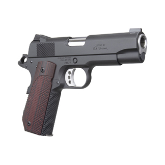 Colt 1911-style semi-automatic pistol with a dark metal finish and brown checkered wooden grip