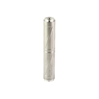 Metal cylindrical vape pen battery with knurled grip, standing upright.