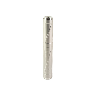 Small silver flashlight standing upright with a knurled grip.