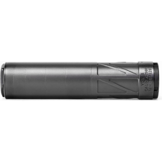 Horizontal metal firearm suppressor with knurled grip and threading at the end