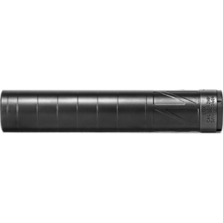 Black cylindrical firearm suppressor (silencer) with a ribbed body and threaded end