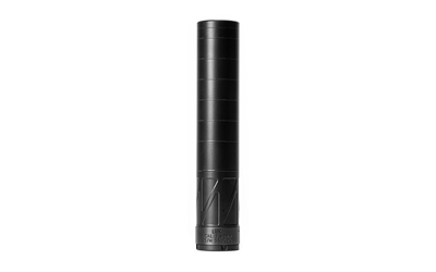 ENEA08_3jpg | ATFirearms Tall black cylindrical device with stacked segments and subtle ridges, standing upright on a white background, function unclear.