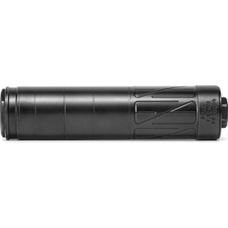 Black cylindrical firearm suppressor laid horizontally with a grooved textured end near the right side (silencer).
