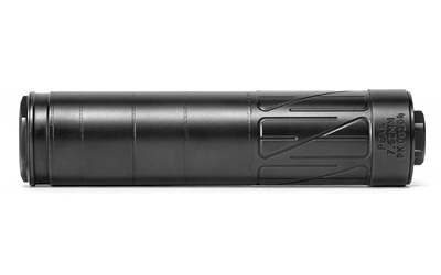ENEA10_1jpg | ATFirearms Black cylindrical firearm suppressor laid horizontally with a grooved textured end near the right side (silencer).