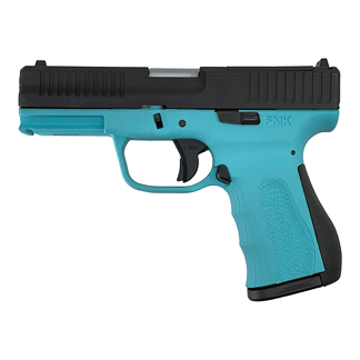 Left-facing side view of a turquoise semi-automatic pistol with a black slide and textured grip.