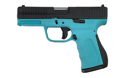 FMKG39BJ_1jpg | ATFirearms Left-facing side view of a turquoise semi-automatic pistol with a black slide and textured grip.