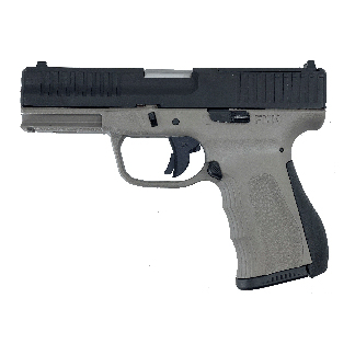 Profile view of a semi-automatic pistol with a tan grip and black slide.