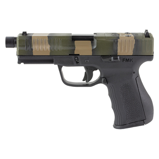Compact semi-automatic pistol with a camouflaged slide and black polymer grip, side view; FMK branding visible on the grip.