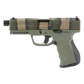Compact tactical pistol with an olive-green frame and camouflage-patterned slide.