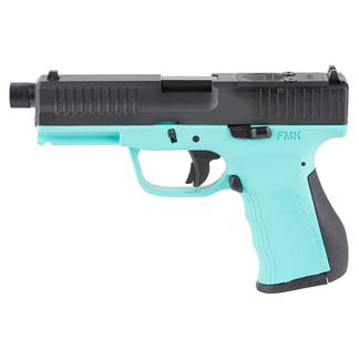 Turquoise toy pistol with a black grip and muzzle, shown against a white background