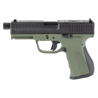 Compact semi-automatic pistol with green grip and black slide, shown in side view.