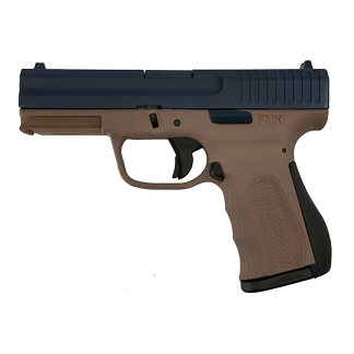 Semi-automatic pistol with a tan frame and dark blue slide, shown in profile.