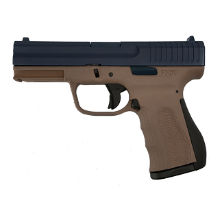 Side view of a compact semi-automatic pistol with a brown grip and dark slide, shown in profile.