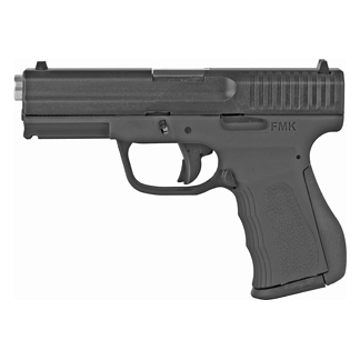 FMK semi-automatic pistol, side view in black with textured grip and slide serrations, shown from the left.