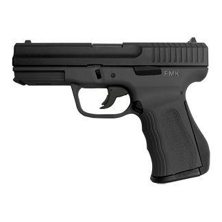 Black FMK semi-automatic pistol shown in left-side profile from a side view.